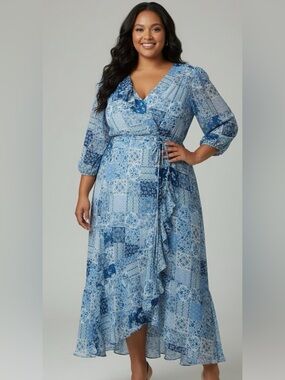 Maison Tara blue wrap ruffle trim maxi patchwork dress